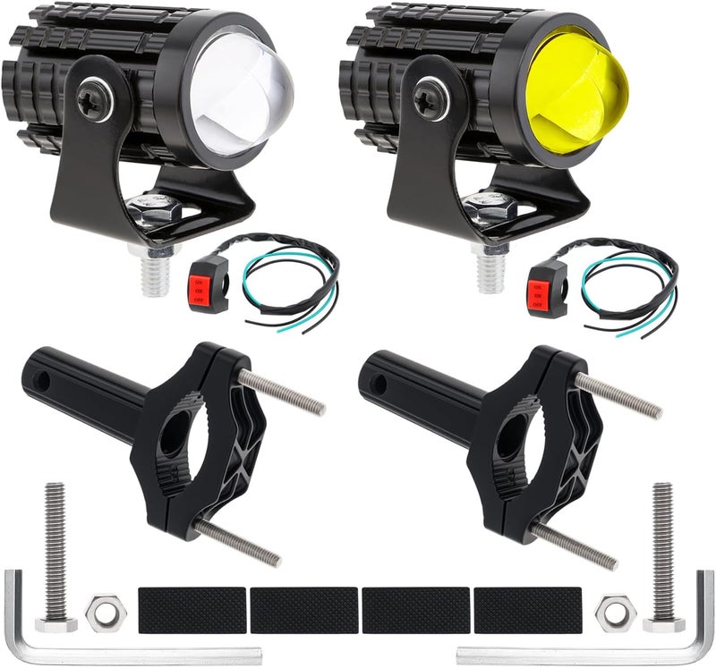 Windance 2pcs 32W LED Motorcycle Headlight with Switch, Yellow White Dual Color Hi/Lo Beam for Motorcycle, 2400LM 3000K 6000K Crash Bar Front Fork Spotlight (Spotlights+Brackets (2 pack)) - Image 1